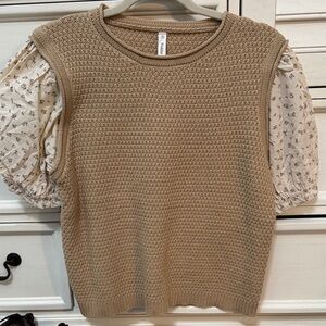 Wishlist Tan Sweater with Cream Floral Sleeves